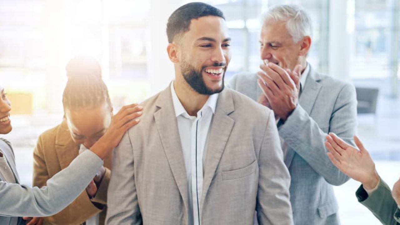 Promotion, happy man and business people celebration, applause or praise job achievement, success and victory. Clapping group, congratulations and excited team celebrate onboarding, cheers or winner